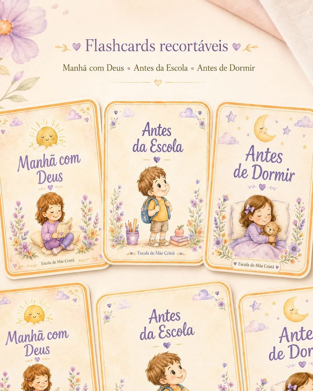 Detalhe dos flashcards recortáveis Todo Dia com Deus em estilo aquarela, mostrando os cards Manhã com Deus, Antes da Escola e Antes de Dormir
